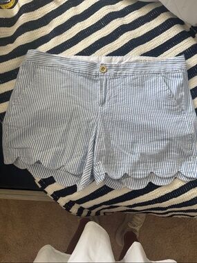 Lilly Pulitzer Light Blue & White Striped Scallop-Hem High Waist Shorts